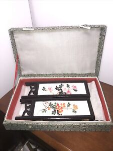 Vintage Chinese Hand Painted Porcelain Tile Screen In Wood Frame Both Sides