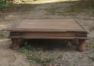 1800 S Primitive Antique Indian Old Handcrafted Wooden Low Bajot Coffee Table