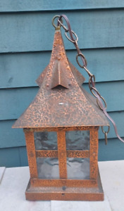 Arts Crafts Porch Lamp Lantern Copper Hammered Finish Slag Glass