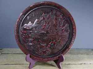 Chinese Carved Lacquerware Handmade Exquisite Landscape Figure Plate Ac3117