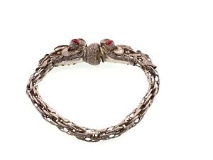 Chinese Export Silver Double Dragon Screw On Filigree Bracelet With Coral Eyes