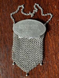 Antique Victorian Sterling Silver Engraved Purse Mesh Wallet 1900 
