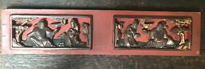 Antique Chinese Red And Gilt Gold Deep Hand Carved Wood Panel Two Scenes