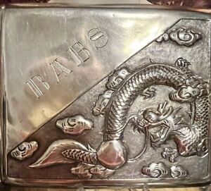 Antique Chinese Export Sterling Silver Dragon Cigarette Case Hallmark Monogram