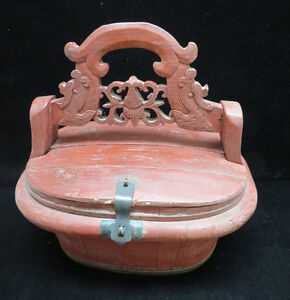 Vintage Chinese Painted Red Wood Dowry Sewing Box