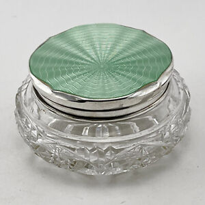Circular Art Deco Style Green Guilloche Enamel Dressing Table Jar