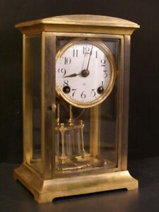 19 C Ansonia Bronze 8 Day Beveled Crystal Glass Case Carriage Shelf Mantle Clock