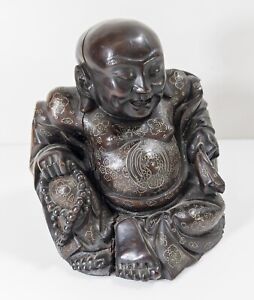 Antique Chinese 19 20th C Carved Rosewood Hongmu Silver Inlaid Buddha Budai