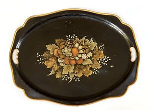 Vintage Large Tole Ware Stenciled Painted Metal Tray W Harvest Motif