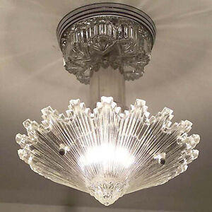 790a Vintage Antique Art Deco Ceiling Light Lamp Fixture Glass Shade Re Wired