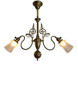 Antique 1910s Early Electric Victorian 2 Light Brass Chandelier