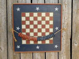 Vintage Primitive Americana Checker Board Game Wall Hanging Signed Dated
