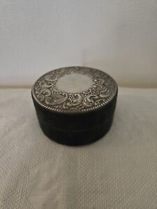 Vintage Black Velvet Sterling Silver Repousse Lid Trinket Jewelry Box