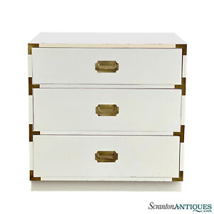 Vintage Hollywood Regency White Lacquer Gold Campaign Chest Low Dresser