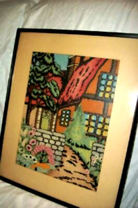Art Deco Needlepoint Long Stitch Cottage Gardens Picture Tinted Lg 1920s Framed