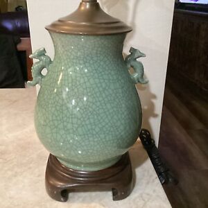 Chinese Green Crackle Glaze Celadon Antique Vase Lamp With Dragons