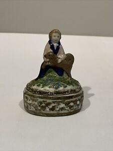 Antique Victorian Porcelain Fairing Trinket Box Young Boy With His Dog