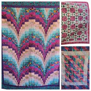 3 Vintage Lap Quilts Lot Hand Made Wall Hanging Signed Pulled Feather Reflection