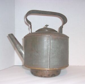 Rare Primitive Farm House Tin Copper Tea Kettle Fits In Old Cast Iron Cook Stove