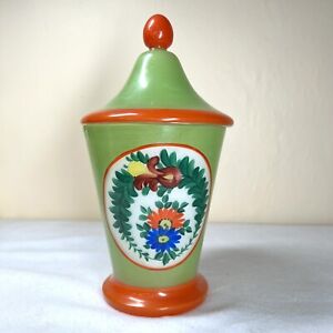 Vintage Hand Painted Apothecary Jar Lidded Decorative Farmhouse Floral Green