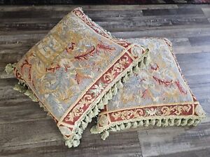 Pair French Vintage Antique Aubusson Needlepoint Tapestry Pillows W Tassels