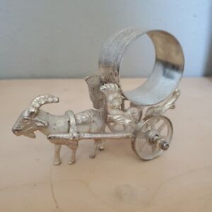 Vintage Collectible Figural Metal Napkin Ring Goat Pulling Wagon Silver Plated 