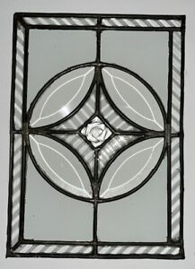 Antique Leaded Etched Beveled Glass Small Window For Repurpose 1920s