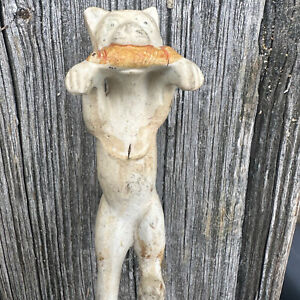 Antique German Bisque Cat Plant Hanger Figure With Fish White Orange Figurine
