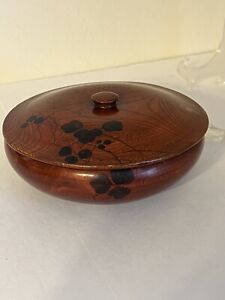 Antique Asian Lacquer Circular Lidded Bowl Mahogany Hand Carved Painted Floral