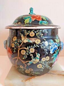 Large Vintage Chinese Famille Noire Jar Lidded With Elephant Ring Hand