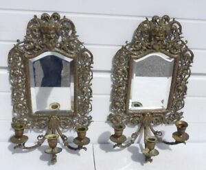 Pair Of Outstanding Brass Three Light Mirrored Wall Sconces Bacchus Heads