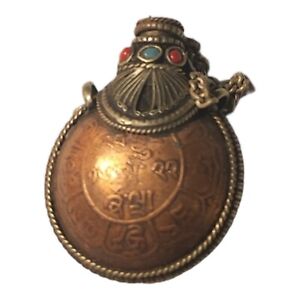 Vtg Tibetan Asian Turquoise Coral Glass Copper Perfume Bottle Chained Boho