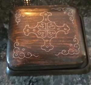 Antique Japanese Rosewood Silver Wire Inlay Dresser Box With Cross 3 Pieces