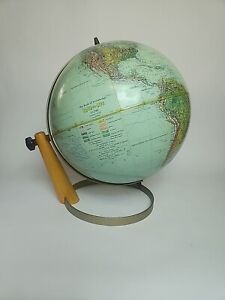 Globe Mid Century Vintage Replogle 12 Inch Globe Wood Metal Stand