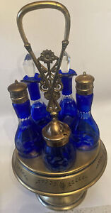 Antique Victorian Cobalt Blue 5 Bottle Castor Cruet Brass Plated Condiment Set
