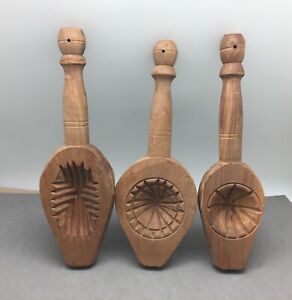 Wood Mold Lot 3 Hand Carved Handled 9 Chip Carved Butter Cookie Maple Sugar