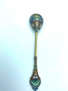 Russian Art Nouveau Silver Enamel Spoon In A Manner Of Feodor Ruckert