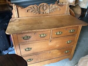 Antique 1800 S Farmhouse Oak Buffet Sidebar Dresser Lion Face Brass Carved Trim