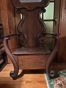 Antique Art Nouveau Ornate Quartersawn Oak Hall Seat Bench Mirror With Hook