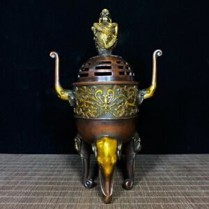 10 4 Old China Antique Pure Copper Gilding Elephant Dragon Incense Burner