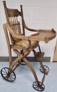 Antique Oak Wood Child S High Chair And Stroller Carriage Combination