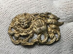 J25 Chinese Qing Dynasty Gilt Silver Foo Dog Hat Accessories 57 32mm