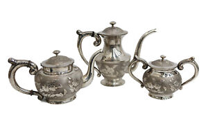 Tian Bao Chinese Silver 3 Piece Tea And Coffee Service Late Qing Dynasty