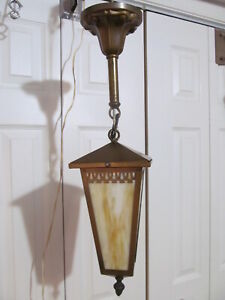 Vtg 4 Panel Amber Slag Glass Brass Pendant Ceiling Light Fixture W Acorn Finial