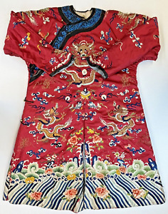 Early 20th Century China Embroidered Silk Dragon Robe Longpao 