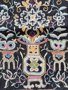 Antique Vtg Hand Embroidered Chinese Silk Tapestry Moths Floral Forbidden Stitch