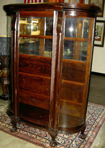 Antique Oak Curved Glass China Cupboard W Ball Claw Feet Estate As Is Bargain 