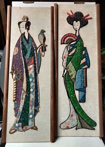 2 Vintage Japanese Mosaic Wood Canvas Panel Encrusted With Pebbles Free Shipping