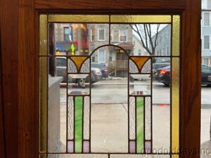 Antique Art Deco Beveled Stained Leaded Glass Cabinet Door Window Circa 1925