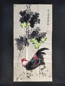 Old Chinese Hand Painting Scroll Cock Rice Paper Certificate By Qi Baishi 